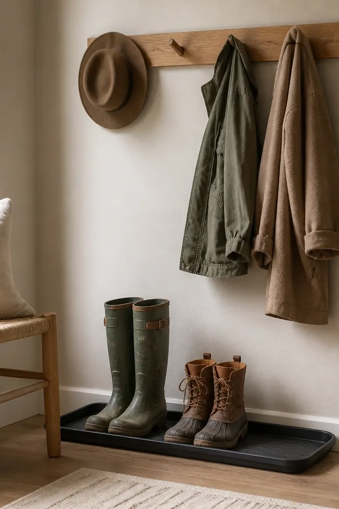 A small wall section with a peg rail holding two coat hooks and a hat hook, plus a plastic boot tray on the floor. A small bench stool sits to the side.