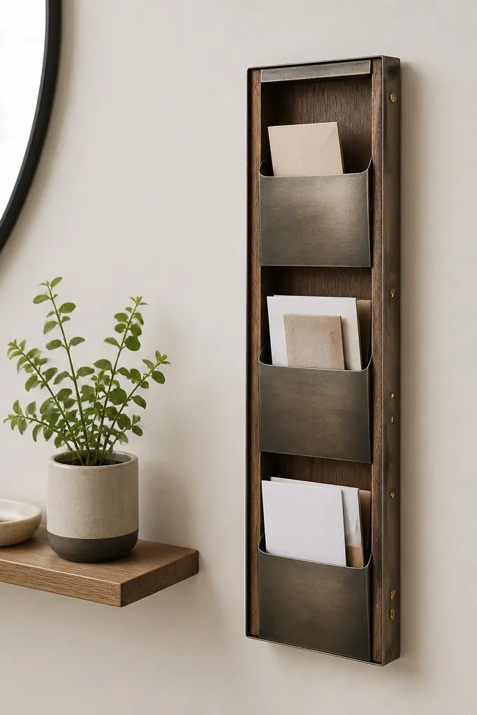 A narrow wall-mounted mail slot with three vertical compartments and a slim shelf beside it holding a ceramic key dish and a small plant.