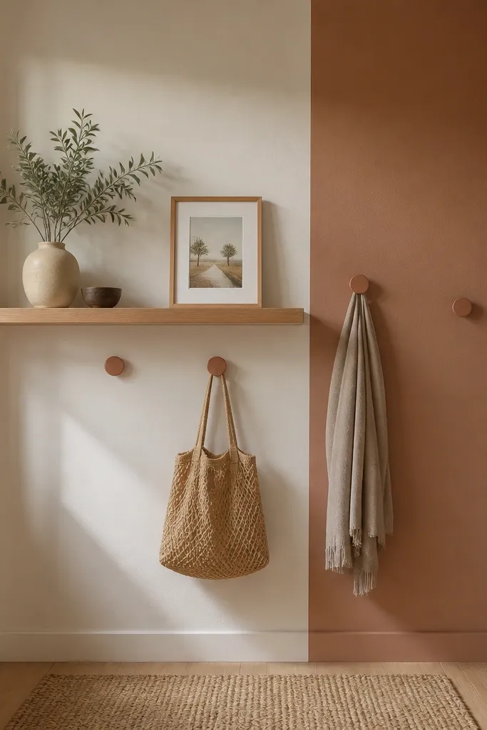 A small entry wall painted half in warm white and half in a soft clay tone, with matching hook accents. A light wood shelf spans the lighter side.