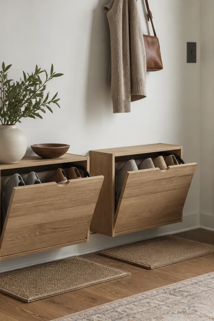 Two small wall-mounted shoe cabinets with flip-top doors, placed low near the entry floor. Each cabinet has a label and a small mat underneath.