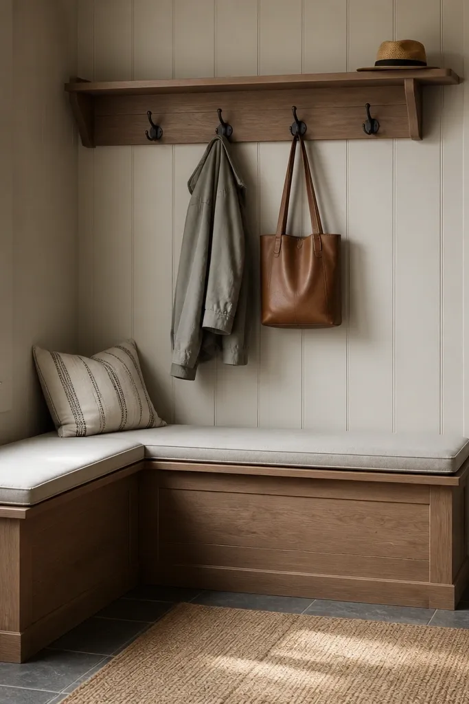 A corner bench with a hinged cushion, and above it an overhead rail with several hooks. The rail has a small shelf at one end for hats.