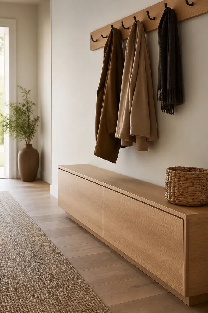 A narrow hallway with a light oak 12-inch-deep bench. The bench has a flip-top or drawer front that hides shoes. Above it, a simple rail of hooks holds coats and a small woven basket sits on the bench top.