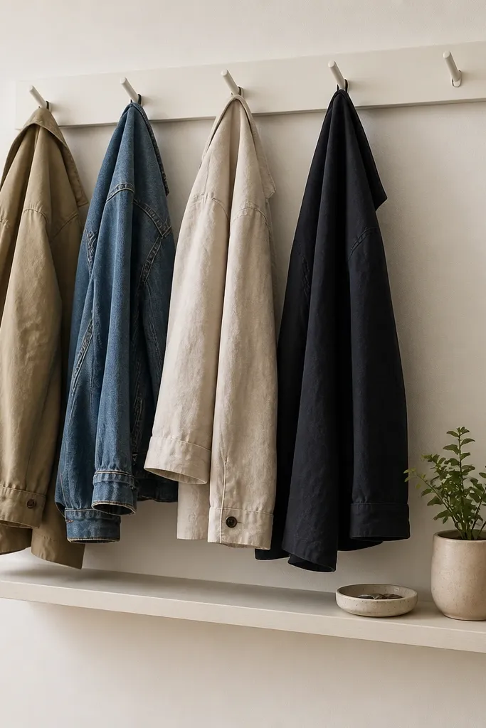 A white wall with a horizontal hook rail. Coats hang from evenly spaced hooks. Under the rail is a narrow floating ledge about 10 inches wide, holding a small ceramic tray and one plant in a tiny pot.