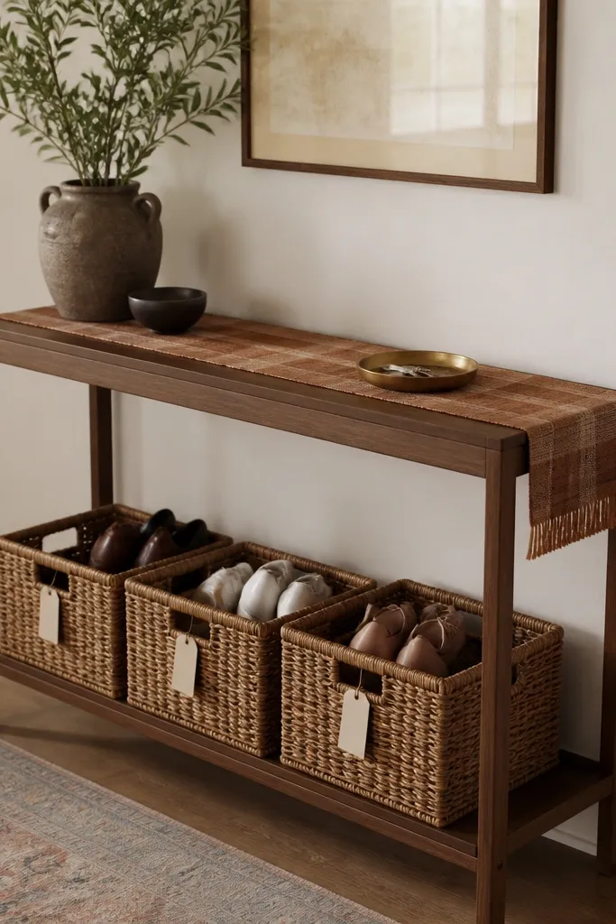 A slim console table with open sides and rattan baskets underneath. The baskets are labeled with simple tags and hold shoes. The top has a warm-toned runner and a brass key dish.