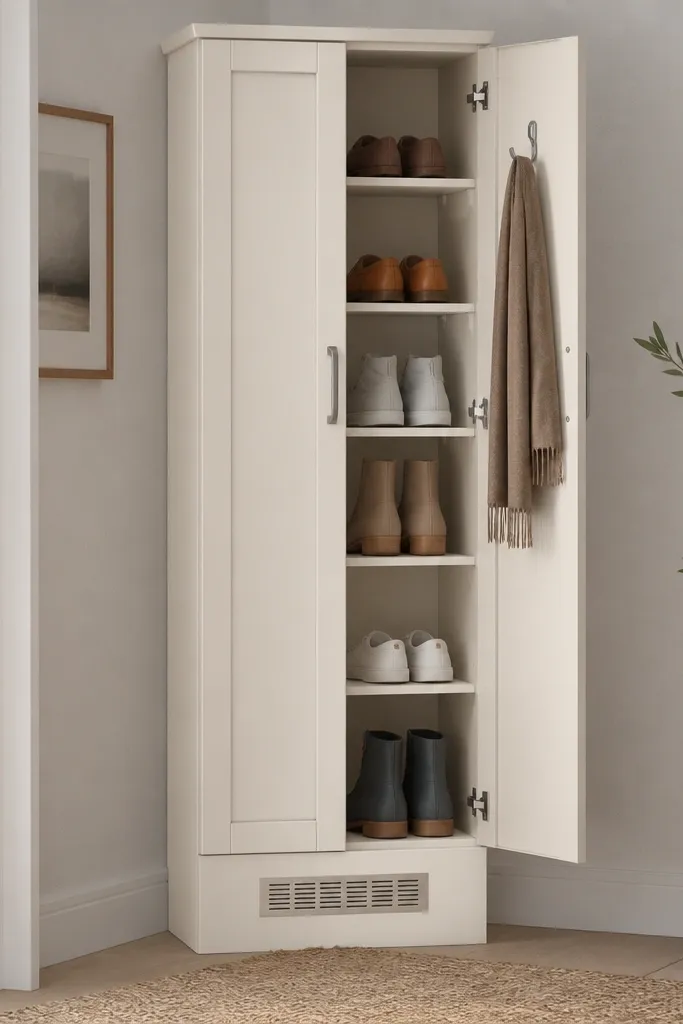 A narrow cabinet painted a warm off-white with two doors. The doors have simple pulls. A toe-kick section has a small vent grille. Inside are shelves for shoes and a small hanging hook inside the door.