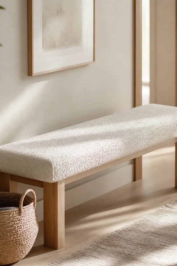 A narrow bench with a creamy boucle cover draped smoothly over the seat. The bench is simple and light wood, and the cover has a thick, textured look. A small woven basket sits next to it.