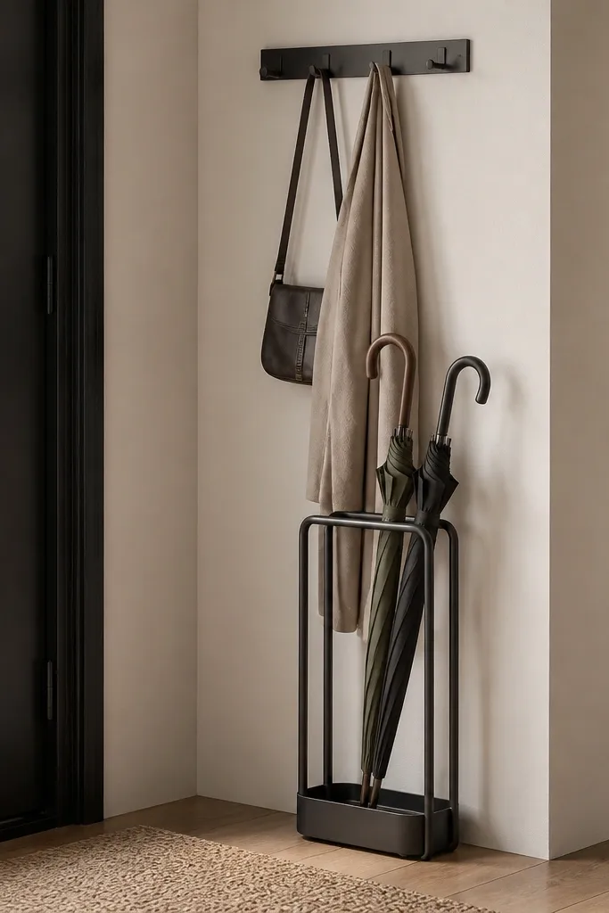A slim umbrella stand in the corner near the door. It has a removable drip tray at the bottom. The stand is dark bronze or matte black, and a small wall hook rail is above it.
