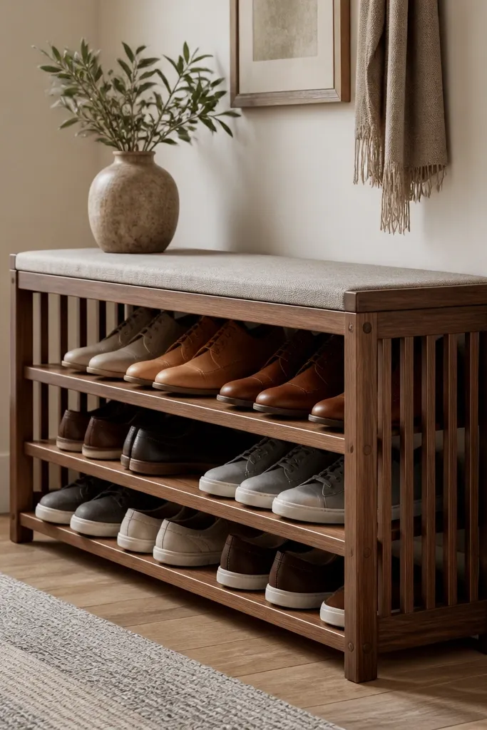 A narrow bench-style shoe rack with vertical slat sides. Shoes sit on angled or stacked shelves. The top has a thin pad and the finish is warm walnut.