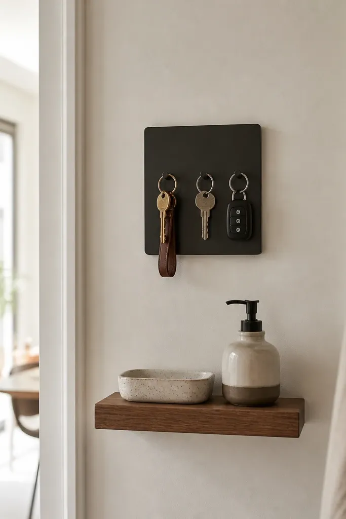 A narrow entry wall with a small magnetic key holder panel. Keys hang neatly. Below it is a tiny wooden shelf holding one ceramic tray and a small jar for hand lotion.