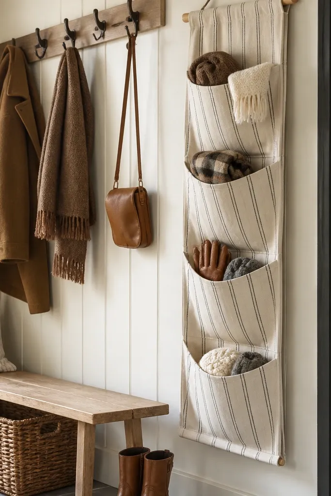A tall fabric wall pocket organizer mounted near the bench. It has multiple pockets and a neutral striped fabric. Scarves and gloves are visible in pockets, and hooks hang above for coats.