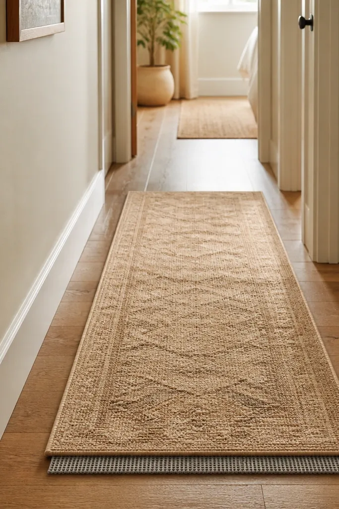 A narrow hallway with a textured runner rug in warm beige. The rug has a subtle pattern and edges are bound. A non-slip pad is visible at the bottom edge near the wall.