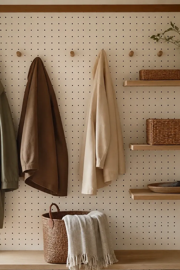 A pegboard wall painted warm off-white with small hooks and shelves. Warm wood trim frames the pegboard edges. Coats hang from hooks and a few shelves hold baskets and a tray.