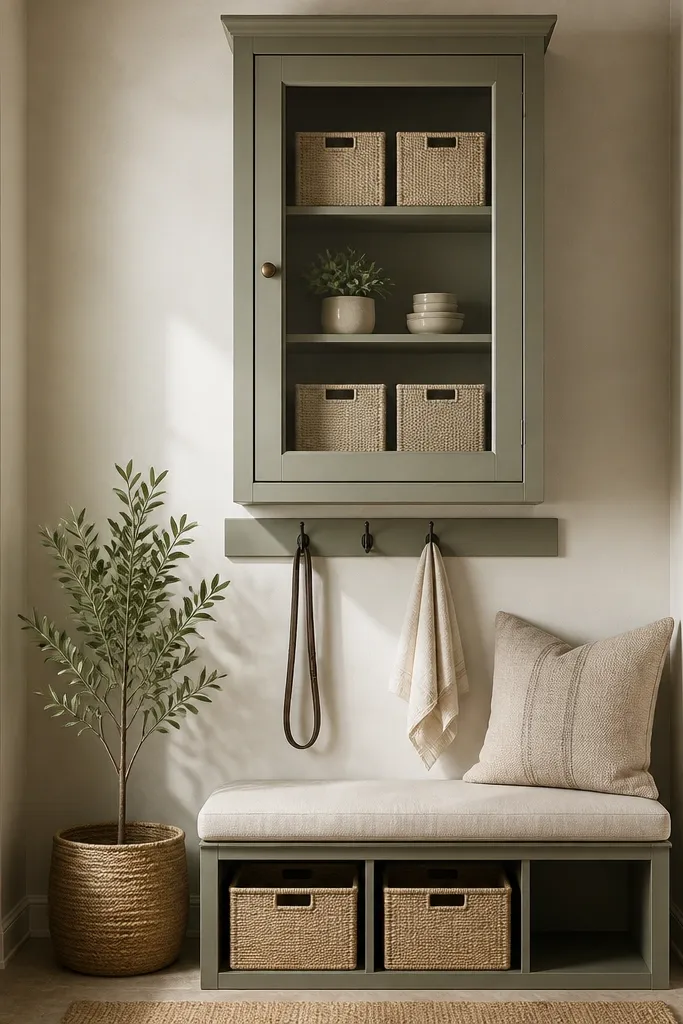 A narrow wall cabinet with a glass door and simple knobs. Inside are matching bins and one small decorative set. Below, there's a bench and a hook rail.
