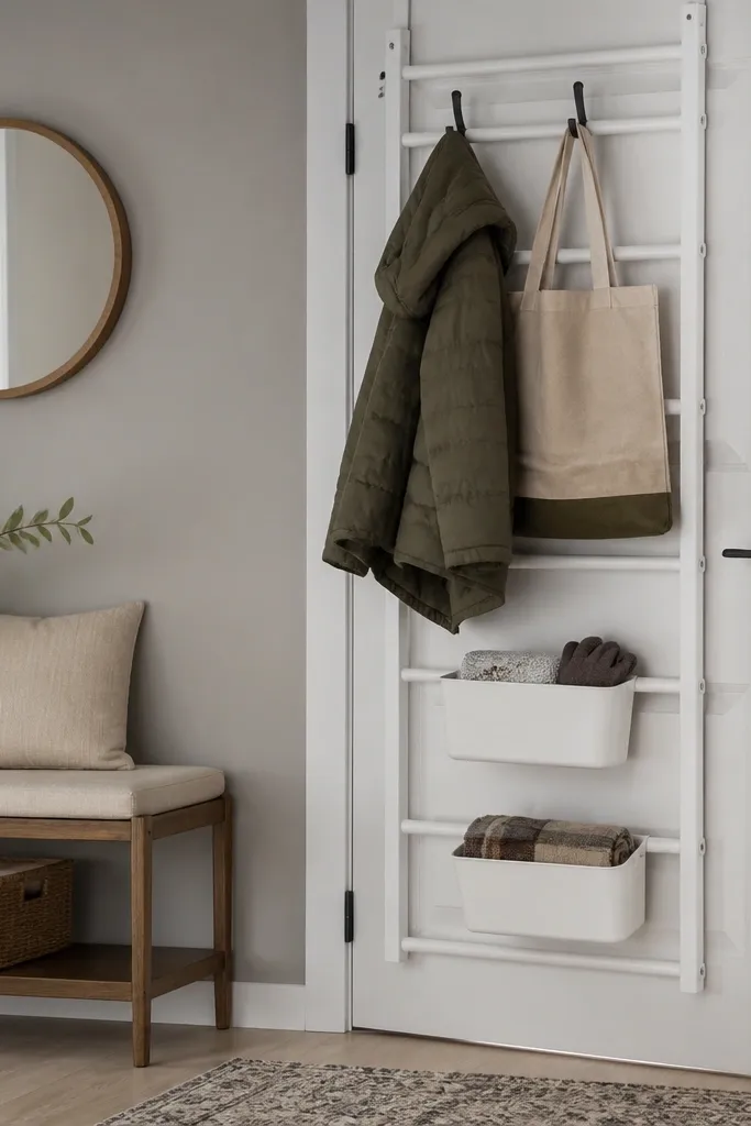 A white over-the-door ladder-style rack hangs behind an entry door. Two small wipeable baskets sit on lower rungs, and black metal hooks hold a puffer coat and a tote bag. The wall is light gray with a small round mirror above a bench.