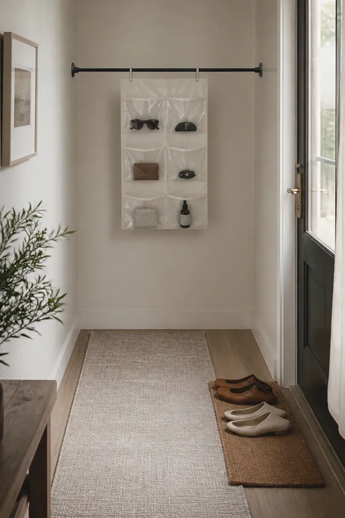 A black tension rod spans between two walls in a narrow entry. On the rod hangs a small fabric organizer with clear pockets. A long linen runner covers the floor, and a narrow shoe mat sits at the base.