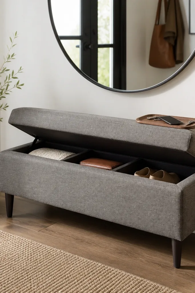A gray upholstered bench with tapered legs sits against the wall. The top lifts to reveal pull-out compartments. A small tray on the bench holds keys and a phone, and a round wall mirror reflects the entry.