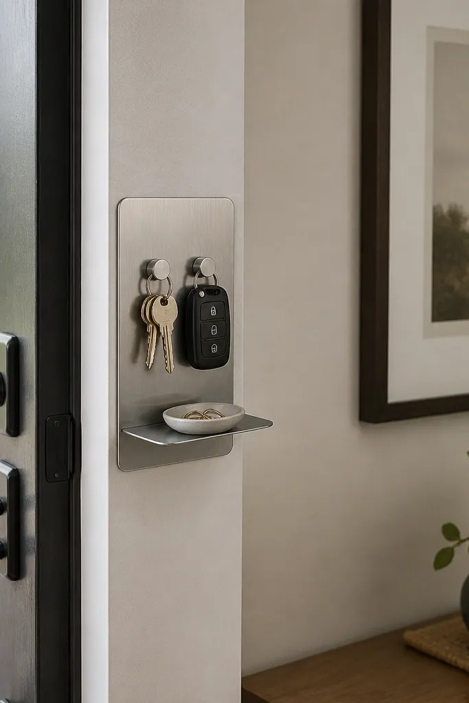 A small brushed-steel panel is placed on the inside of the entry door frame using adhesive mounting strips. A flat magnetic tray holds keys, a key fob, and a small dish for rings. The wall beside it has a framed print.
