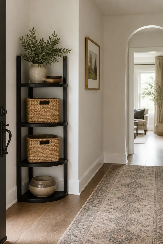 A tall corner shelving unit with three shelves stands in the entry. Woven bins in natural tan sit on the middle shelves. A patterned floor runner leads from the door to the hallway.