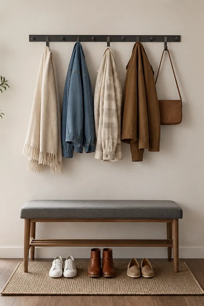 A slim removable wall rail is mounted with renter-safe adhesive or screw-free brackets. Multiple coat hangers hang from hooks along the rail. Below it, a small bench and a shoe mat sit centered.