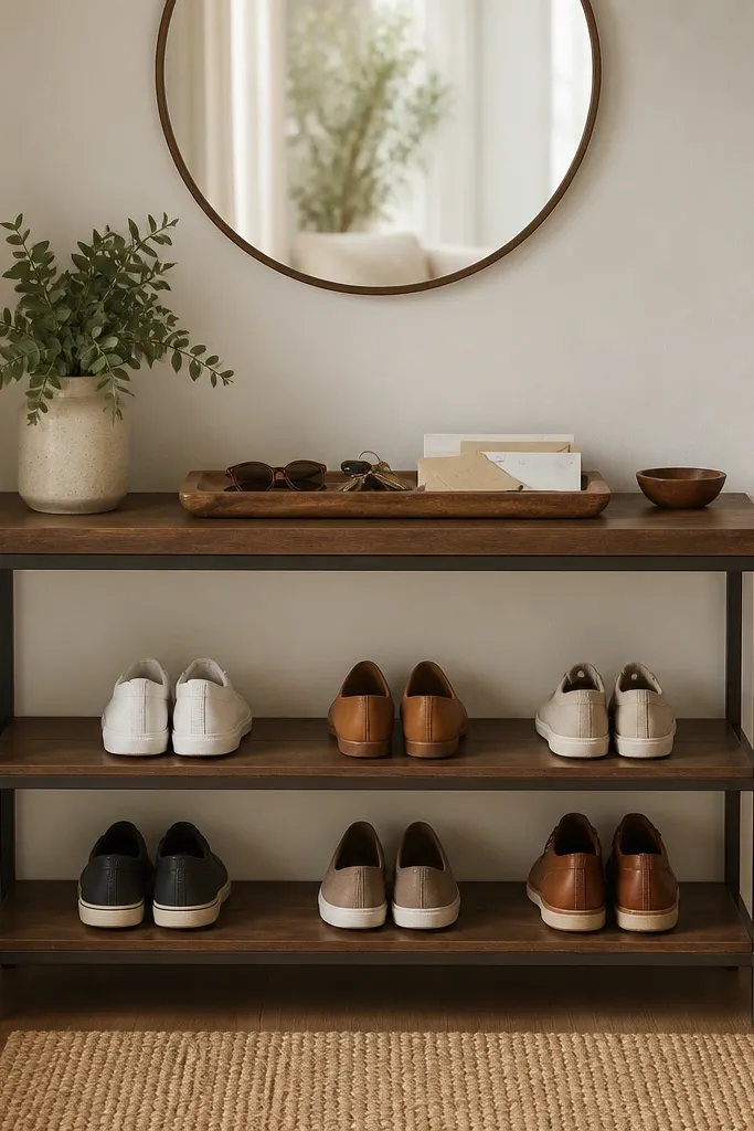 A narrow console table with a wood top and two open shelves holds shoes in pairs. A long tray sits on top with keys, mail, and sunglasses. A wall mirror hangs above the table using removable mounting strips.