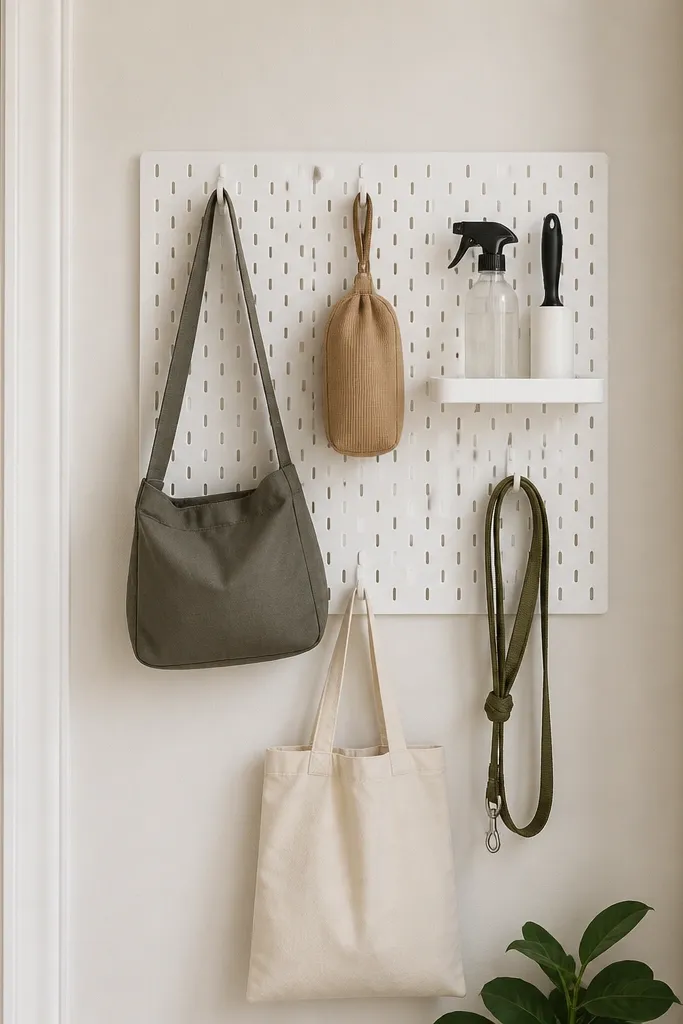 A white pegboard-style peel-and-stick panel covers a small entry wall section. Small removable hooks hang bags and a dog leash. A small shelf holds a spray bottle and a lint roller.