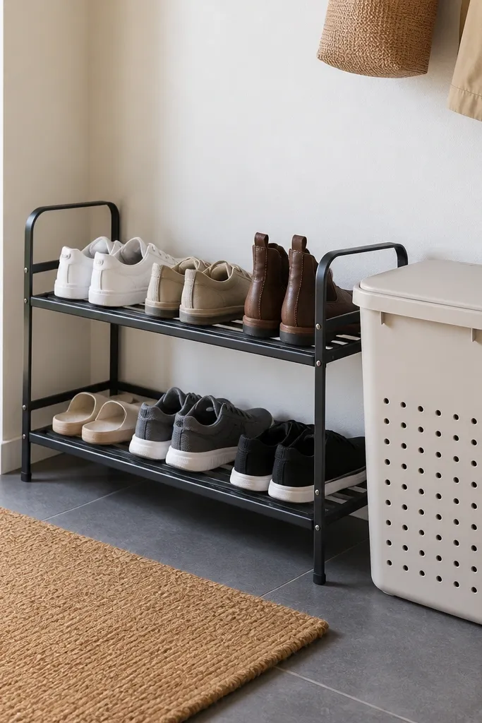 A black two-tier metal shoe rack sits by the door. Next to it is a tall plastic bin with a lid and drainage holes. A small doormat covers the floor in front.