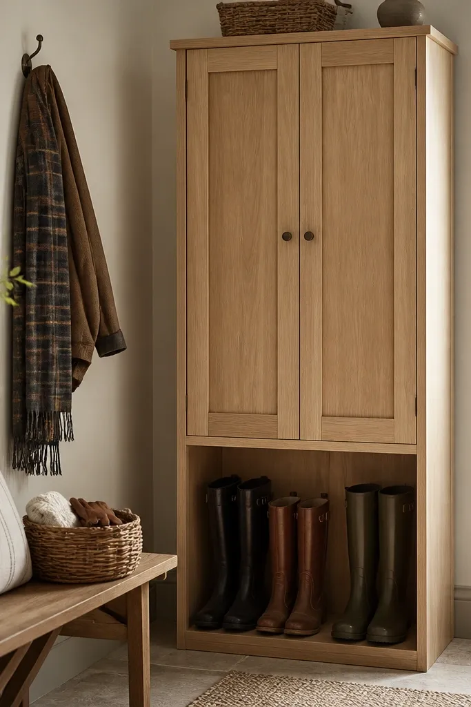 A tall storage cabinet in light oak stands against the wall. The bottom section is open for tall boots, and the top has doors for seasonal items. A bench sits in front with a small basket for gloves.