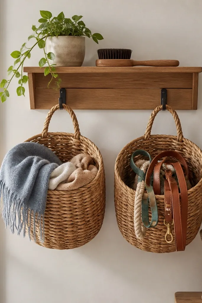 Two large woven baskets hang from a small wall-mounted shelf area using removable hooks. A narrow shelf holds a small plant and a brush. The baskets hold scarves and pet leashes.