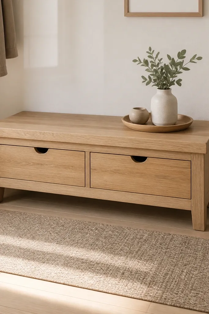 A light oak bench with a hinged top. Under the seat there are two shallow drawers with finger pulls. A narrow runner sits on the floor and a small tray rests on the bench top.
