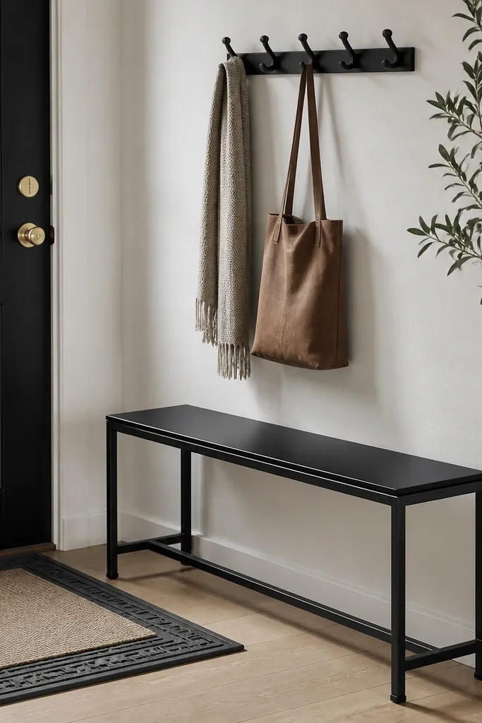 A black metal bench with a simple top. There are two doormats stacked at the door: a textured rubber outer mat and a thin washable fabric inner mat. A small wall hook strip is above the bench.