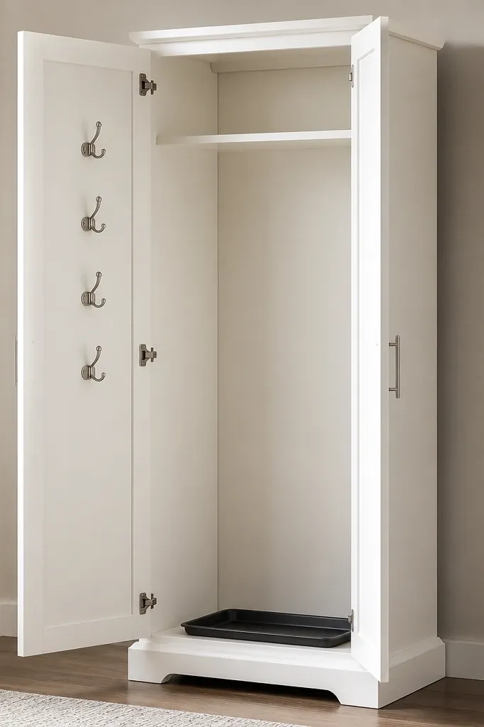 A tall white cabinet with two doors. Inside the left door there are 4 hooks mounted to the inner panel. A small drip tray sits on the bottom shelf area.