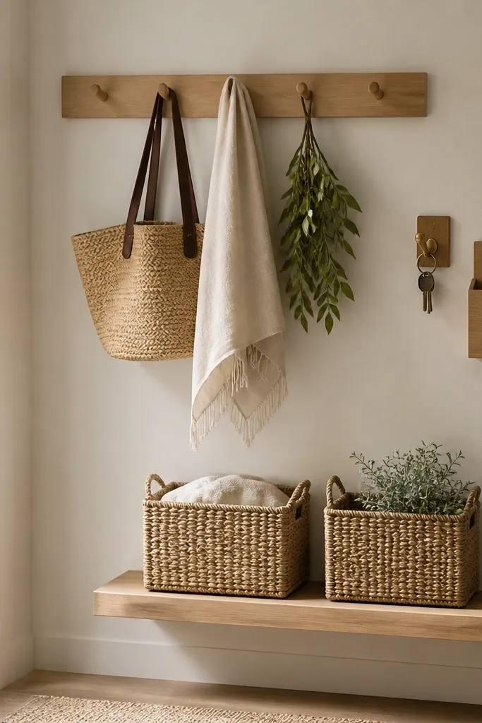 A light wood peg rail mounted on the wall with five hooks. Beneath it, two matching woven baskets sit on a narrow shelf. A small key hook and mail tray are mounted at eye level.