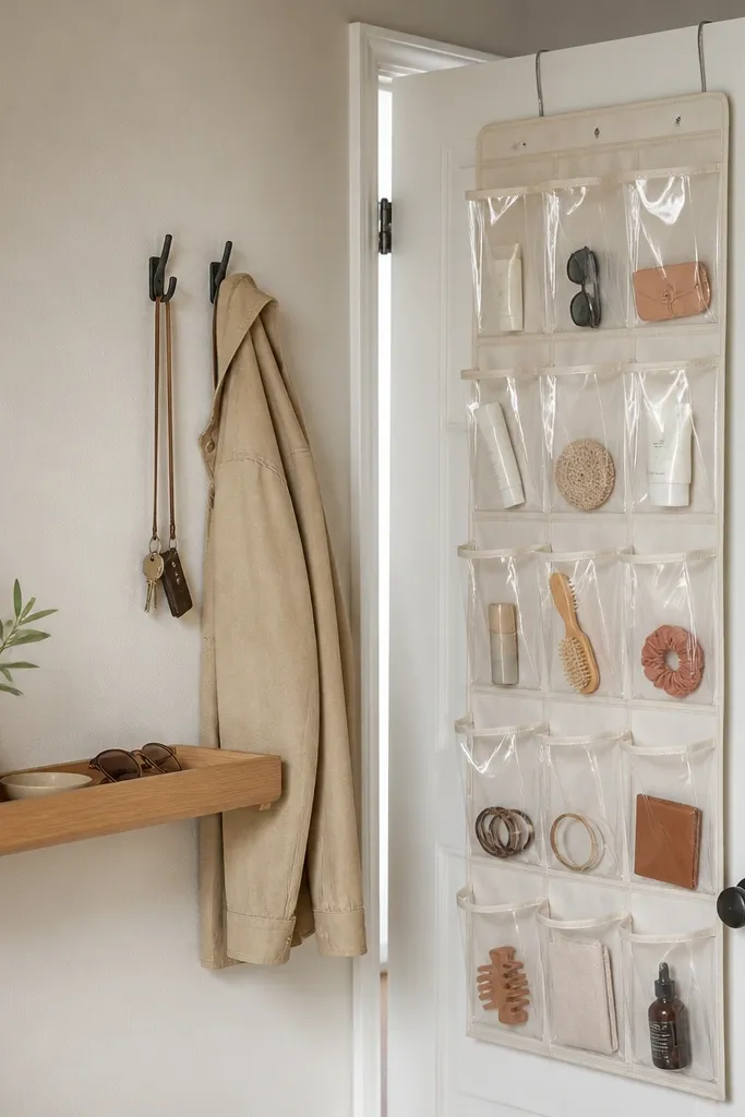 A narrow floating shelf with a shallow tray. On the inside of the door, there's a hanging organizer with multiple clear pockets. A couple of hooks sit near the frame.