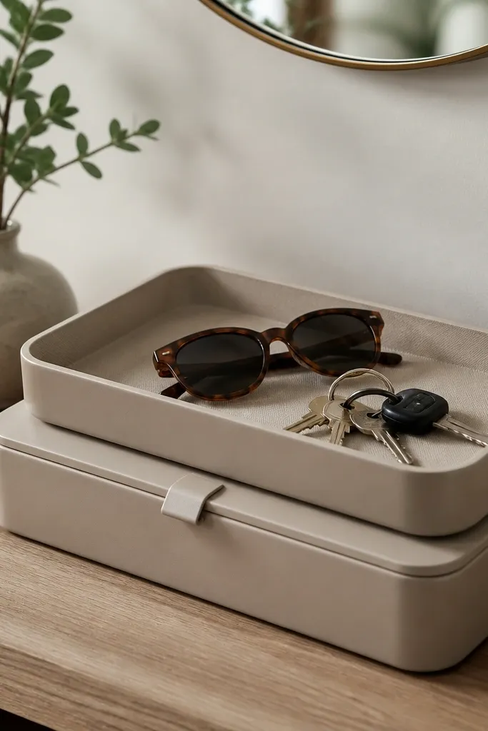 Two stacked trays on a bench top. The top tray is shallow and holds keys and sunglasses. The lower tray has a lid and holds mail and small items.