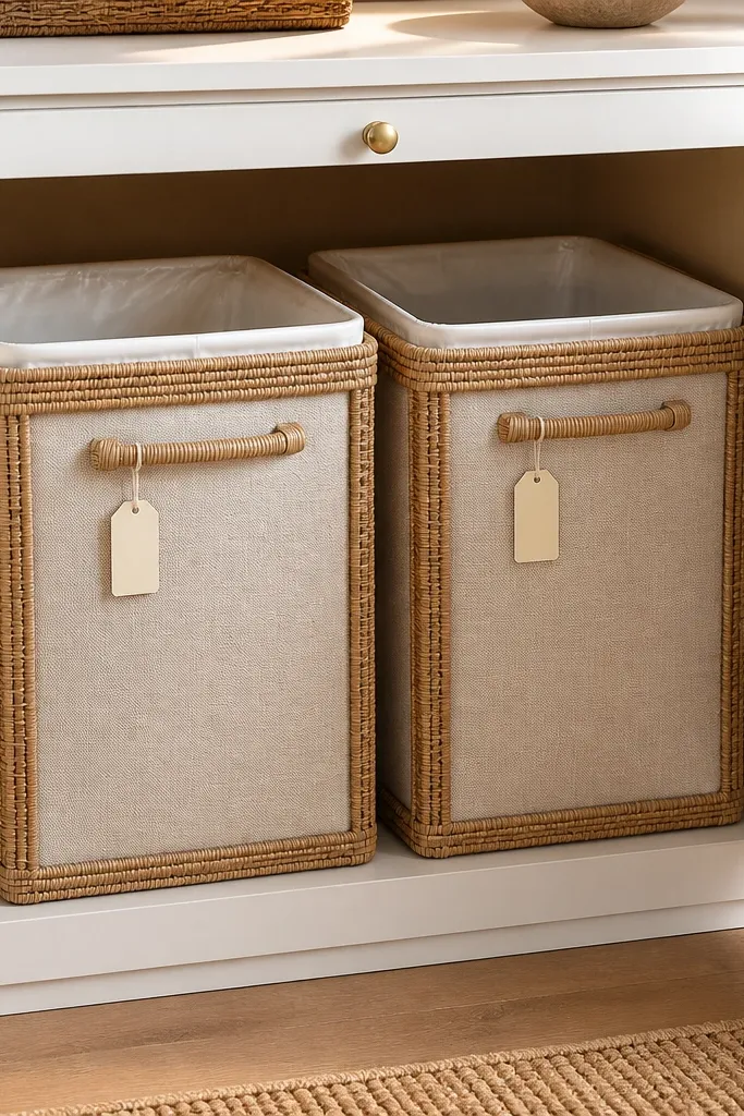 Two large rattan-style bins with fabric sides and removable plastic liners. They sit inside a closed cabinet. A small label tag is attached to the front handle.