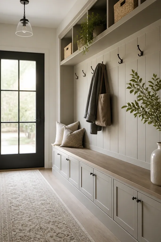A long wall unit with hooks above and a bench below. Under the bench, there are closed cabinets with soft-close doors. A narrow runner runs from the door toward the wall unit.