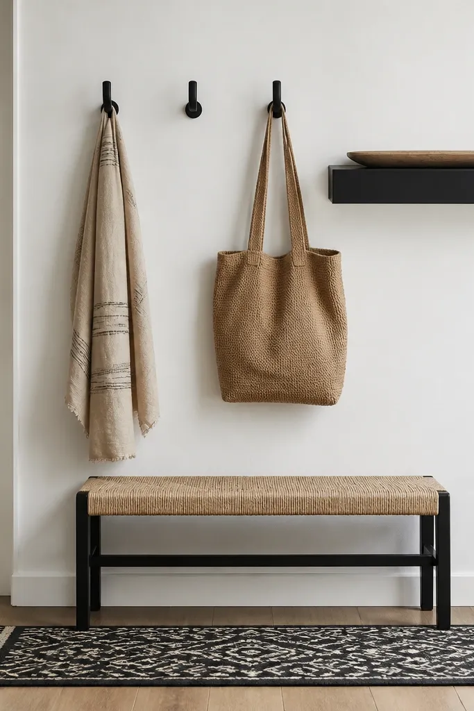 A bright white wall with matte black hooks. A matte black wall shelf holds a single tray. A black-and-cream rug sits under a small bench.