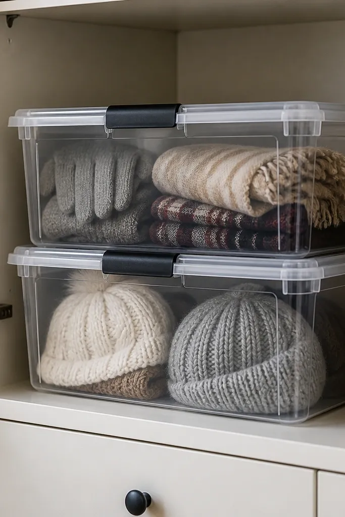 Two stackable clear-lid storage boxes on a shelf inside a cabinet. One box is labeled winter gloves and scarves, the other is labeled hats and beanies.