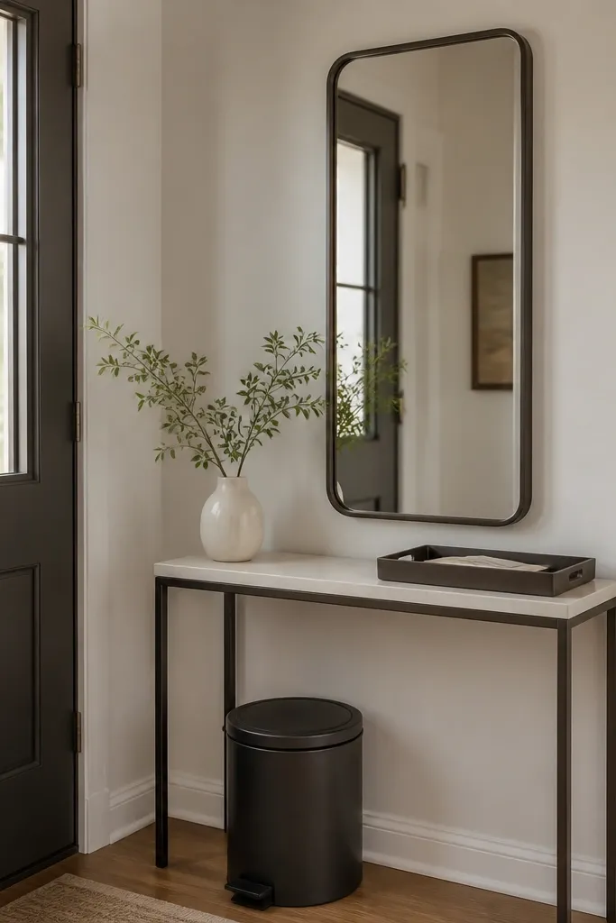 A slim mirror mounted near the door with a simple wipeable frame. Under it, a small lidded trash bin and a mail tray sit on a narrow console.