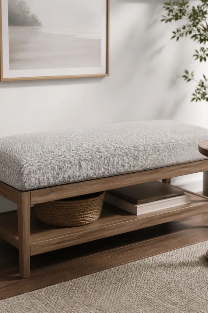 A cushioned bench with a removable seat cover in a washable fabric. The cover is a light gray with a subtle texture. A small side table holds a lint roller.