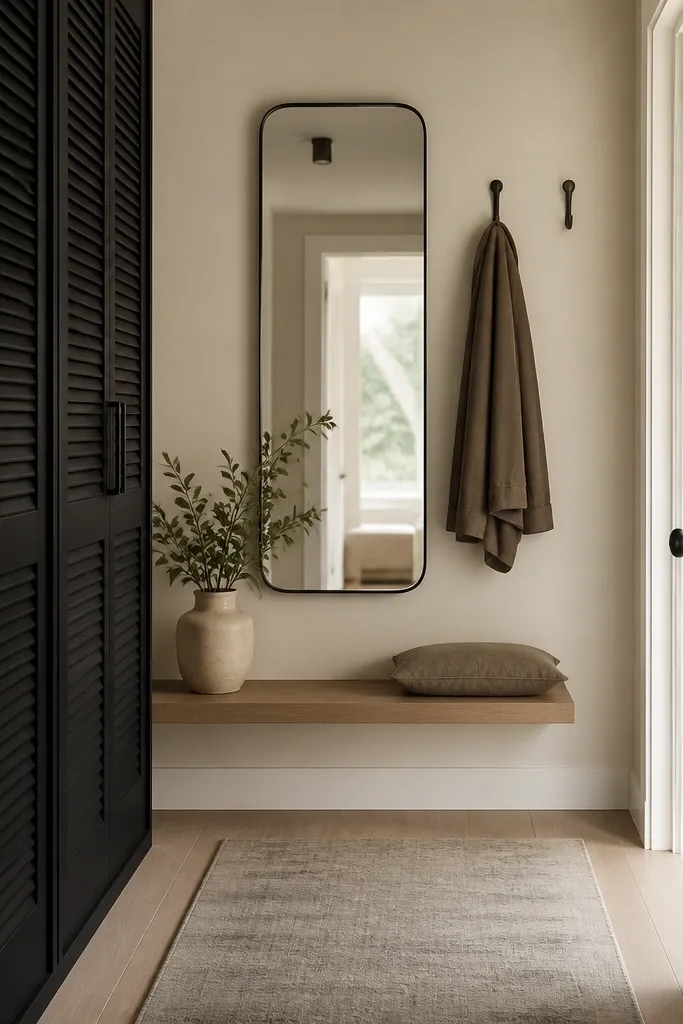 A narrow entryway with a matte black louvered cabinet on the left, a slim floating bench centered beneath a wall mirror, and two wall hooks above the bench. The floor has a light gray runner and the walls are warm off-white.