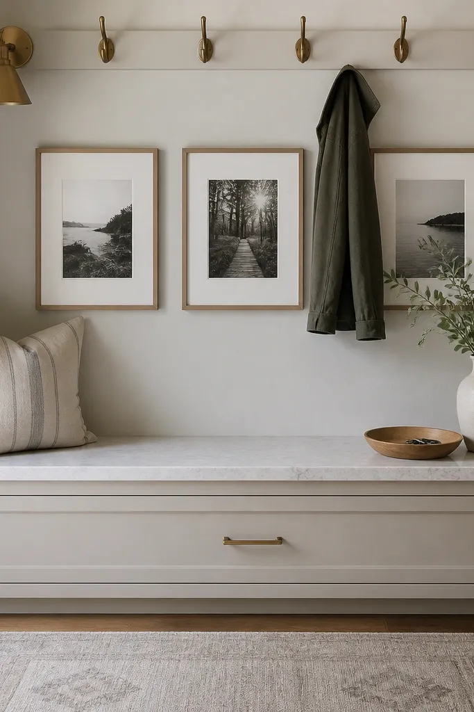 A built-in style bench with a quartz-look countertop surface and a single long drawer below. There are three framed photos on the wall, a brass wall sconce, and a row of hooks above.