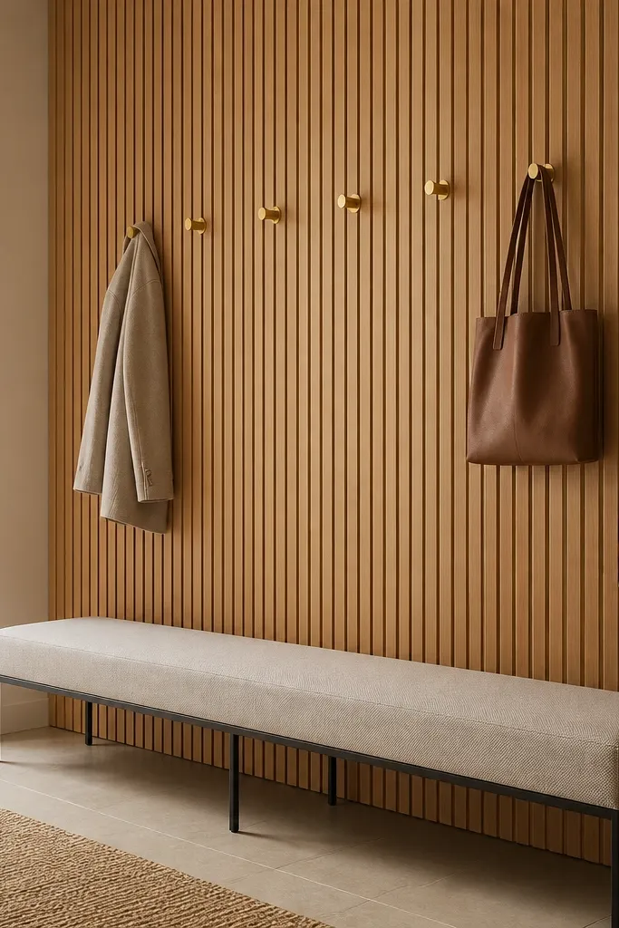 A full wall panel made of light oak slats with evenly spaced brass hooks. Below it, a long cushioned bench in a beige performance fabric sits on thin black legs.