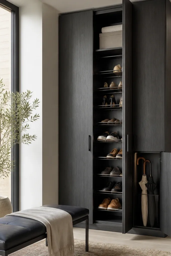 A tall cabinet in a modern entryway painted deep charcoal with vertical grain. Inside are pull-out shoe rails, and there's a small cabinet door for umbrellas. A narrow bench sits in front.