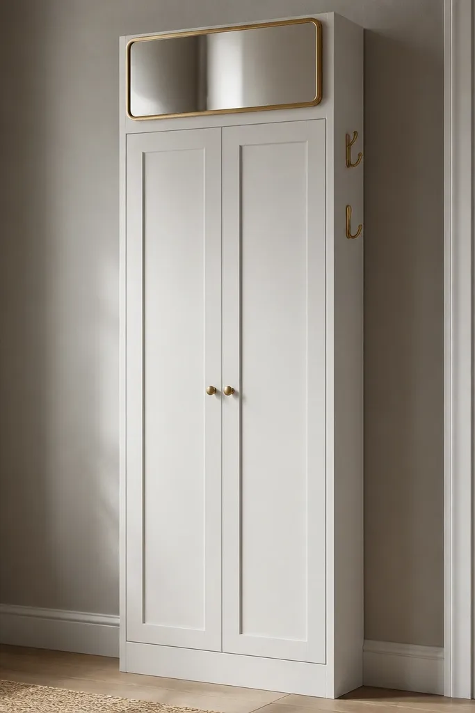 A closed white coat locker with two cabinet doors and a narrow mirror above. The mirror has a brushed brass frame, and there are two wall hooks on the inside of the door edge. The wall is a soft warm gray.