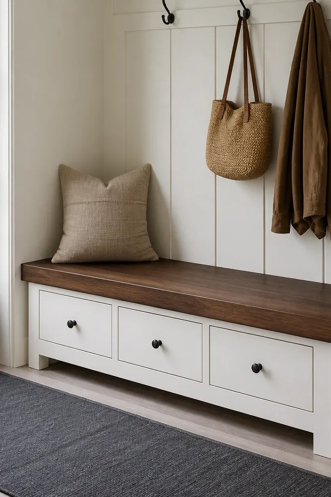 A two-tone bench with a white cabinet base and a thick walnut seat slab. There are three small drawers on the base, a couple of hooks above, and a dark gray runner on the floor.