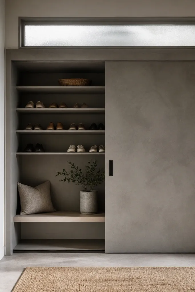A recessed nook with built-in shelves and a sliding door in textured gray. When the door is closed, shoes disappear. There's a small bench and a narrow window or frosted glass panel above.