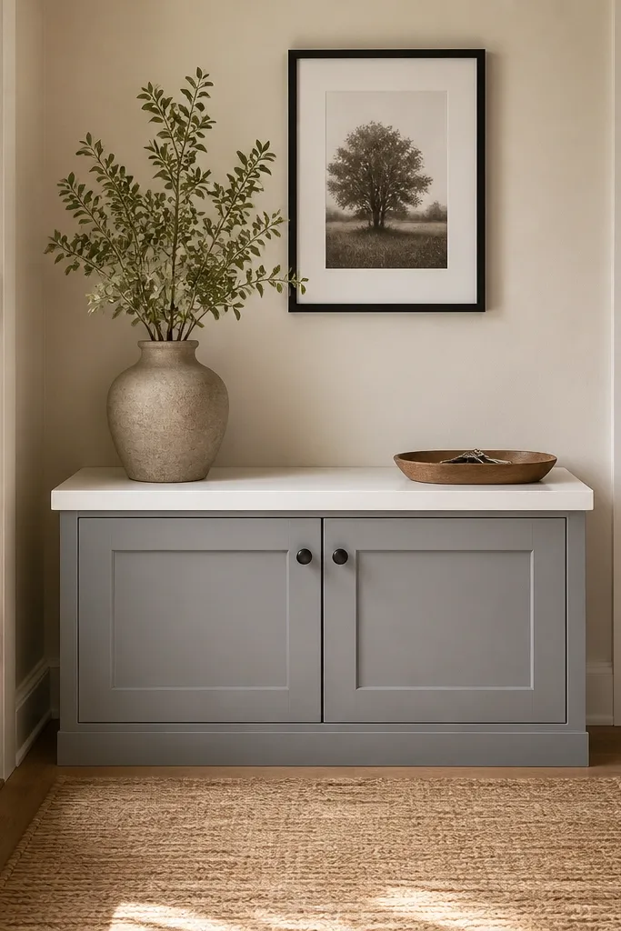A warm entryway with a woven neutral runner, a dove gray cabinet base with two doors, a white bench top, and a small tray for keys. The wall has a simple black framed art piece.