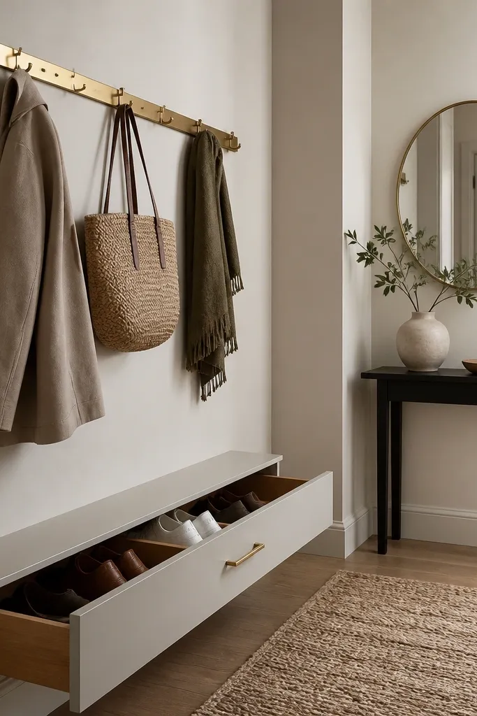 A tight entryway with a long wall-mounted coat rail in brushed brass. Under it, there's a shallow shoe drawer with a pull handle. A small round mirror hangs beside a slim console.