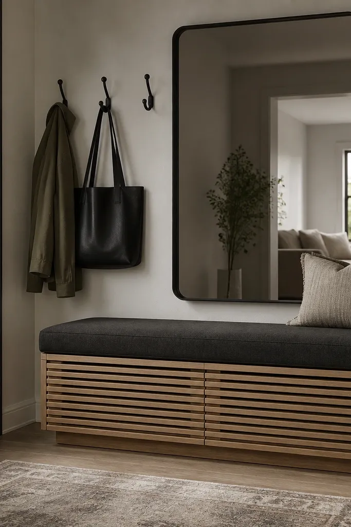 A modern bench with a slatted front panel and soft-close doors underneath. The seat is upholstered in a charcoal performance fabric. A few hooks and a large black-framed mirror complete the wall.